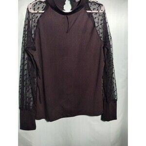 "Women's Black Top with Sheer Polka Dot Sleeves – Elegant Mock Neck Blouse"